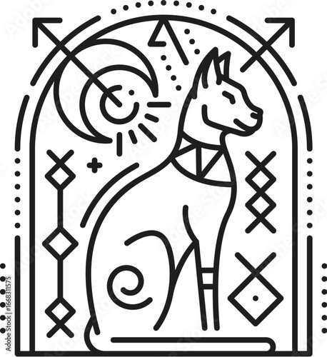 Egyptian cat animal esoteric line tattoo or symbol. Egypt history sacred outline vector print, ancient civilization esoteric symbol. Egyptian mythology boho tattoo with Bastet goddess cat animal