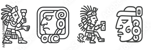 Vector illustration of ancient Mesoamerican figures and artifacts