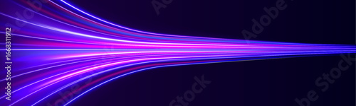 A burst of neon light curves races outward from the center, simulating a high-speed data flow. The dark background intensifies the glow. A digital explosion of energy and light.