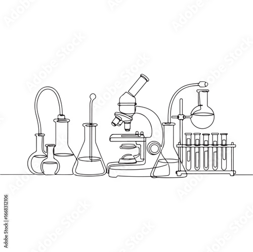 Continuous Line Drawing of Science Laboratory Equipment, Including Beakers, Flasks, Microscope, and Test Tubes, Illustrating Scientific Research and Experimentation