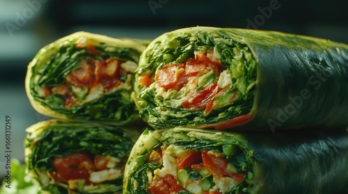 Freshly made wraps filled with vegetables and turkey, stacked neatly for healthy meal option. Perfect for lunch or snack, these wraps are both nutritious and delicious.