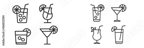 Black outline vector illustrations of various cocktails