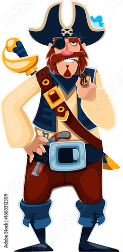 Cartoon pirate corsair character, danger skipper confidently puffs on a curling smoking pipe. Isolated vector filibuster nautical personage wearing a captain hat, armed with a saber and pistol gun