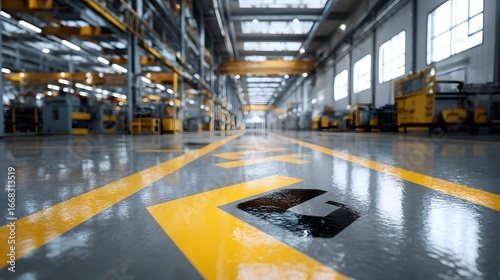 Realistic image of factory floor with safety markings and equipment