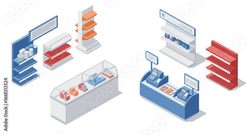 Isometric grocery store shelves and cash registers with products