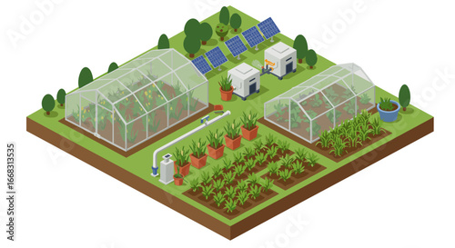 Sustainable agriculture isometric farm with greenhouses and solar panels