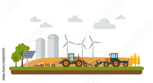 Sustainable agriculture: modern farm machinery in flat design with wind turbines and solar panel