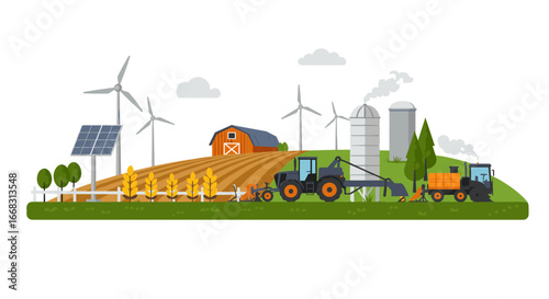 Modern farming scene with renewable energy and agricultural equipment