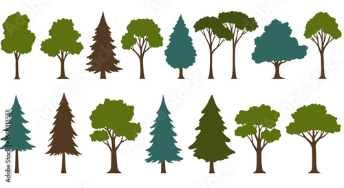 Diverse tree silhouettes: conifers and deciduous collection in earthy tones