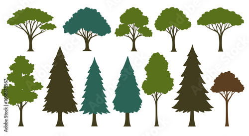 Collection of flat tree silhouettes featuring diverse forest and woodland species