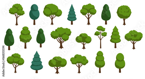 Collection of diverse cartoon trees on white background