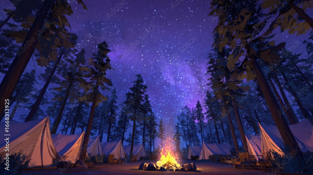 Fototapeta premium Cozy campfire at night with glowing embers, surrounded by tents under towering pine trees, starry night sky above creating a serene camping scene