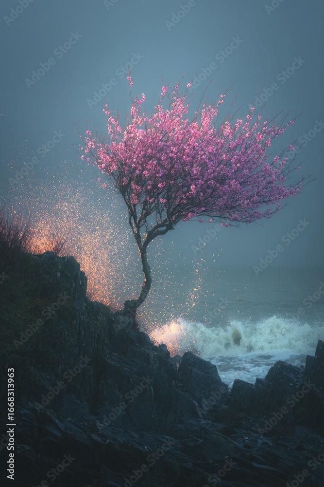 Fototapeta premium Cherry blossom tree on a cliff by the ocean with crashing waves.