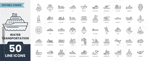 Water Transportation icon set in line style. Containing Container Ship, ferry, seaplane, cruise, boat, ship, diver and more.  Editable stroke. Vector illustration
