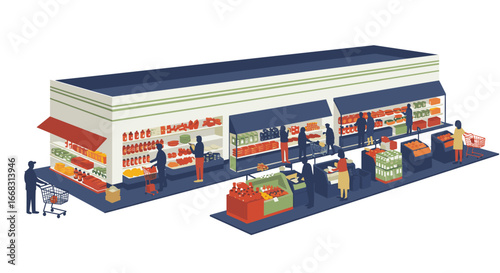 Isometric grocery store scene with shoppers and diverse produce sections