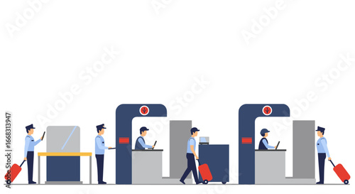 Airport security checkpoint process with uniformed officers and travelers