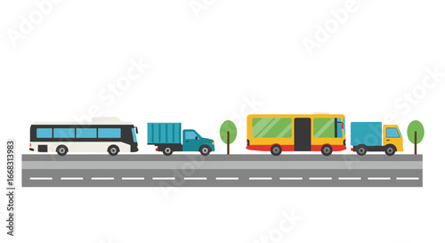 Colorful flat urban transport vehicles on road in cityscape