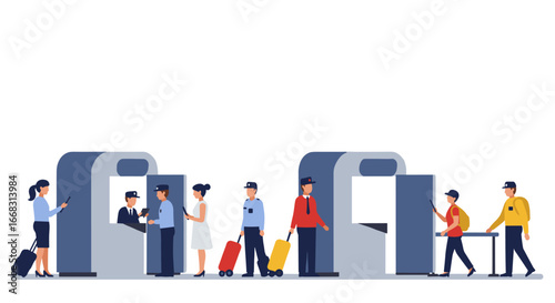 Busy airport security checkpoint scene with travelers and security personnel in flat design