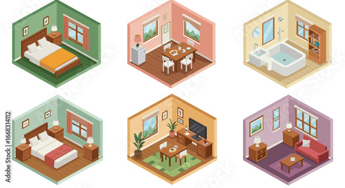 Isometric home interiors with bedroom, dining room, bathroom, living room and kitchen