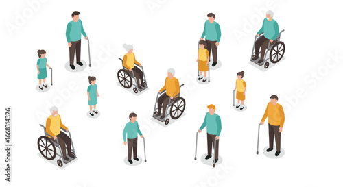 Isometric depiction of diverse elderly individuals and children in social interaction