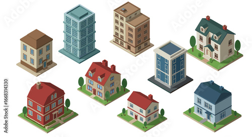 Diverse isometric buildings collection with houses and apartments