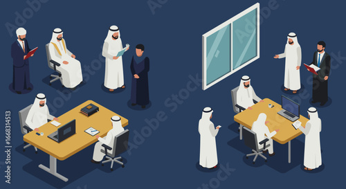 Isometric middle eastern business meeting with traditional and modern elements