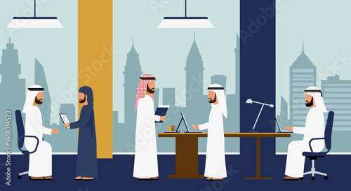 Flat design business meeting with diverse professionals in modern office setting