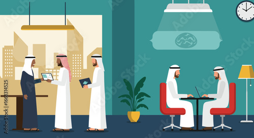 Modern office environment with arab businessmen collaborating and working on laptops