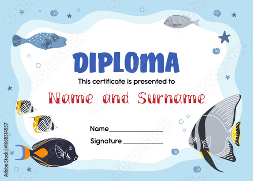 Kids diploma with cartoon red sea fish vector frame. Child graduation certificate for kindergarten, school, award and appreciation. Cute frame template with clown and angel fish