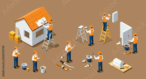 Construction workers building house with tools in isometric design on brown background