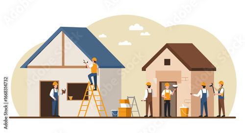 Teamwork in construction: workers renovating houses with tools and ladders