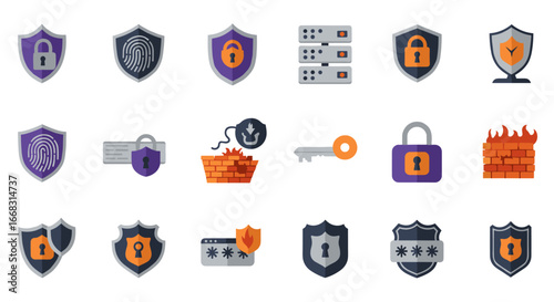 Cybersecurity icons set featuring locks, shields, and firewalls in a flat style