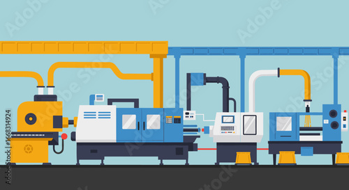 Modern industrial machines in flat style on a factory floor