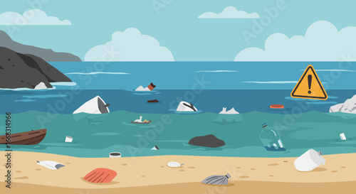 Environmental warning: ocean pollution and beach litter with floating debris