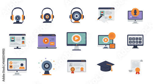 Online learning and virtual communication icons set in flat style