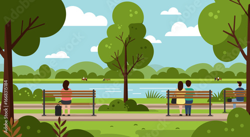 Peaceful park scene with visitors on benches by the lake