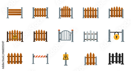 Diverse fence designs collection featuring metal and wooden elements for various applications