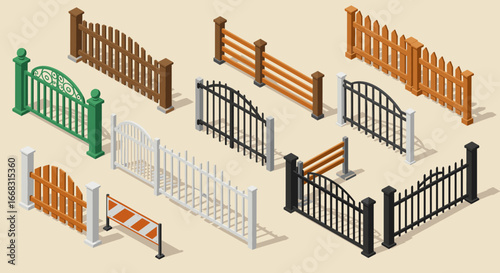 Diverse isometric fences collection in various styles and colors
