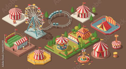 Isometric carnival scene with ferris wheel and tents on brown background