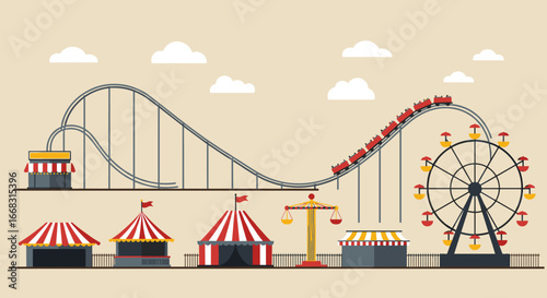 Amusement park fun fair with roller coaster and ferris wheel in flat design