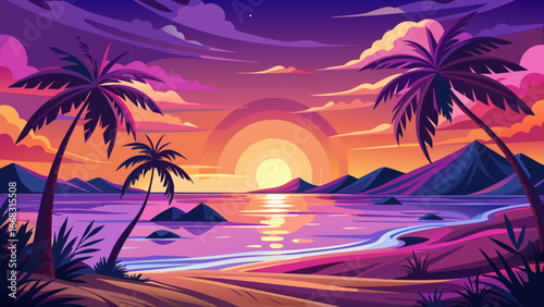 Sunset Over Tropical Beach with Palm Trees
Sun melts into ocean waves, sky ablaze with violet and gold, palm silhouettes sway gently, horizon whispers serenity, eternal promise of paradise lingers in 