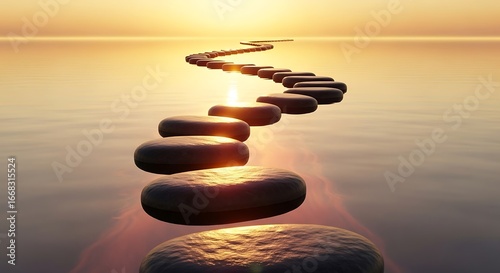 Path of Success Represented by Floating Stones on Calm Water with Sunrise Reflection