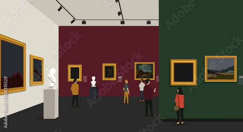 Contemporary art gallery interior with visitors observing paintings and sculptures