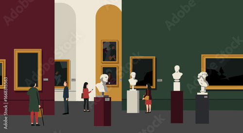 Modern art gallery with visitors admiring classic sculptures and paintings
