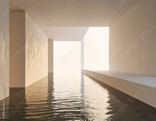 Serene Water Corridor with Soft Sunlight　光が差し込む静寂な水辺の回廊