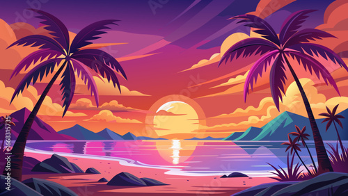 Sunset Over Tropical Beach with Palm Trees
Sun melts into ocean waves, sky ablaze with violet and gold, palm silhouettes sway gently, horizon whispers serenity, eternal promise of paradise lingers in 