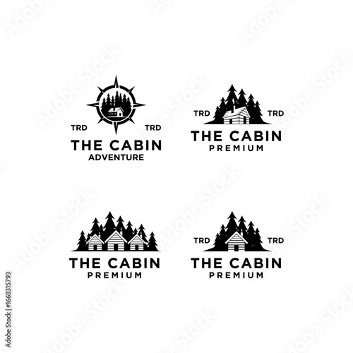 set collection premium wooden cabin and mountain pine forest retro vector black logo design