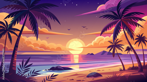 Sunset Over Tropical Beach with Palm Trees
Sun melts into ocean waves, sky ablaze with violet and gold, palm silhouettes sway gently, horizon whispers serenity, eternal promise of paradise lingers in 
