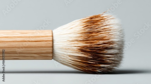A stunningly detailed image of a shaving brush featuring soft, natural bristles, embodying craftsmanship and aesthetic appeal against a simple backdrop.