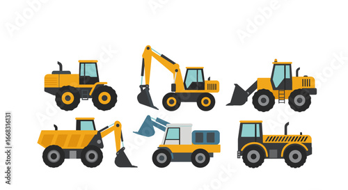 Collection of construction vehicles in flat style for builders and contractors